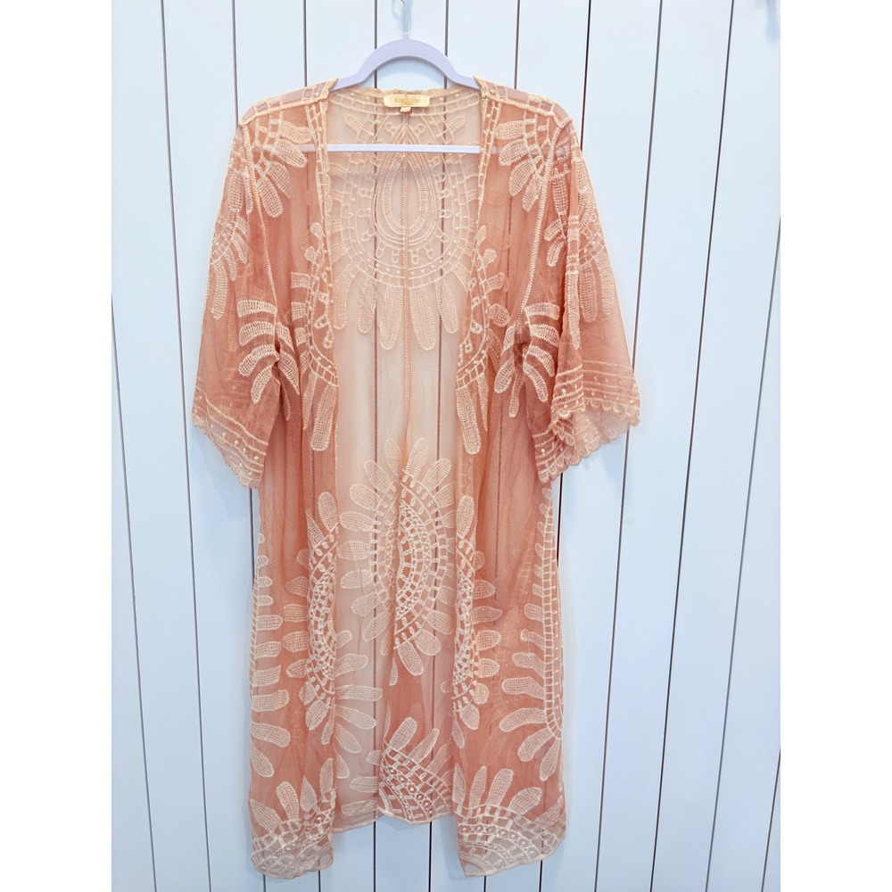 Rebellion Fairy Kimono Women L Peach Lace Mesh Sheer Floral Festival Boho Cover